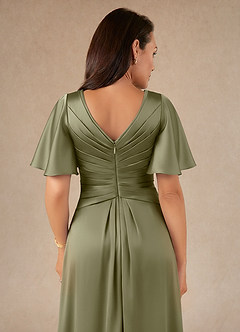 Azazie Emmeline Mother of the Bride Dresses Pistachio A-Line Pleated Stretch Satin Dress image4