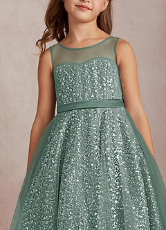 Azazie Siwa Sukienki dla dziewczynek sypiących kwiaty Linia A Zroszony Tiul Długość kostki Sukienka image4