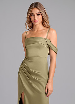 Azazie Lisbeth Jurken voor bruidsmeisjes Converteerbaar Jurk van Stretch Satijn met Zeemeermin Off the Shoulder Mosgroen image2