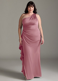 Azazie Latrice Bridesmaid Dresses Vintage Mauve Sheath One Shoulder Cascading Ruffles Stretch Satin Dress image6