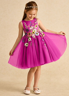 Azazie Prima Flower Girl Dresses Fuchsia A-Line Bow Tulle Dress image3