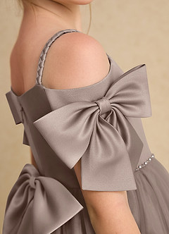 Azazie Amie Flower Girl Dresses Taupe A-Line Off the Shoulder Matte Satin Dress image7