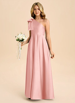 Azazie Penguin Junior Robe Trapèze en Satin extensible Arc Rose Poudré image5