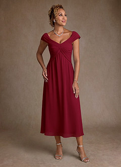 Azazie Mirta 신부의 어머니 드레스 A라인 주름진 플로럴 번아웃 티 길이 드레스 image1