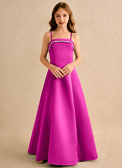 Azazie Izel Girls Formal Robe Demoiselle D'honneur Fillette Robe Trapèze en Mat Satiné Plissée Ivoire Fuchsia image6