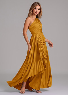 Azazie Lyrica Bridesmaid Dresses Butterscotch A-Line One Shoulder Stretch Satin Dress image3