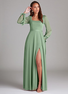 Azazie Leonia Brautjungfernkleider A-Linie Langarm Gittergewebe Kleid Matcha image1