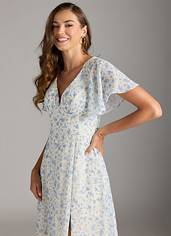 Azazie Kimber Bridesmaid Dresses Blue And White Ditsy Floral A-Line Flounce Sleeve Chiffon Dress image9