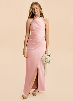 Azazie Jemma Junior Powder Pink Sheath Ruched Stretch Satin Dress image4