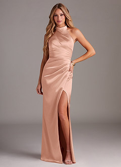 Azazie Jemma Bridesmaid Dresses Rose Gold Sheath Pleated Stretch Satin Dress image1