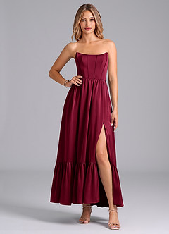 Azazie Leilana Bridesmaid Dresses Burgundy A-Line Corset Stretch Satin Dress image4