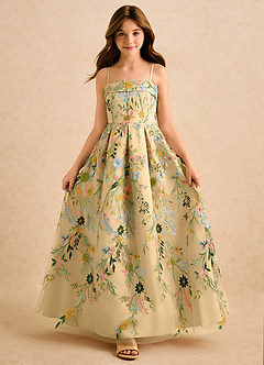 Azazie Lark Girls Formal 플라워 걸 드레스 A라인 플리츠 레이스 플로어 길이 드레스 image1