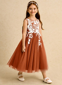 Azazie Sundae Flower Girl Dresses Burnt Orange Ball-Gown Lace Dress image4