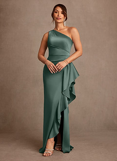 Azazie Yvette Mother of the Bride Dresses Sea Moss Sheath One Shoulder Stretch Satin Dress image1