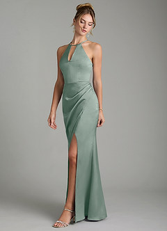 Azazie Aidyn Robes de demoiselle d'honneur Robe Fourreau en Satin extensible Plissée Sauge D'argent image4