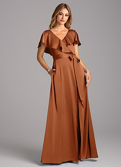 Azazie Lainey Bridesmaid Dresses Copper A-Line with Pockets Stretch Satin Dress image1