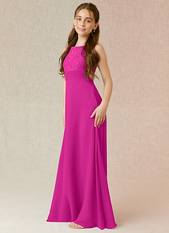 Azazie Snow Junior Fuchsia A-Line Lace Chiffon Dress image3