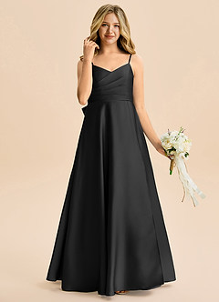 Azazie Rumi Junior A-Line Plisseret Stræk satin Gulv-længde Junior brudepige Kjole image4