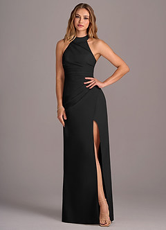 Azazie Jemma Bridesmaid Dresses Black Sheath Pleated Chiffon Dress image4
