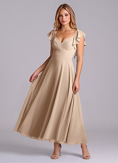 Azazie Leilani 신부 들러리 드레스 A라인 셔링 쉬폰 발목 길이 드레스 image1