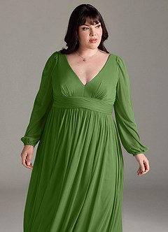 Azazie Norah Bridesmaid Dresses Basil A-Line V-Neck Long Sleeve Chiffon Dress image12