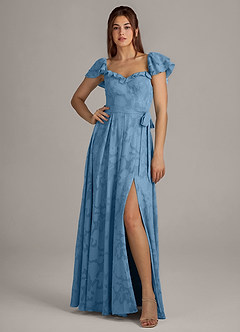 Azazie Aricella Bridesmaid Dresses Steel Blue A-Line Corset Floral Burnout Dress image1
