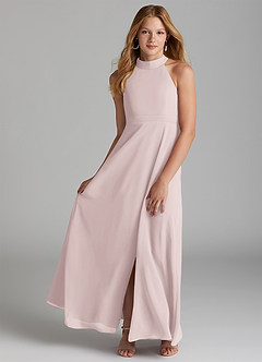 Azazie Clarice Junior Robe Trapèze en Mousseline de soie Fente Latérale Rose Pâle image1
