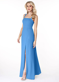 Azazie Jay Robes de demoiselle d'honneur Robe Trapèze en Mousseline de soie Encolure carrée Fente latérale Geai Bleu image4