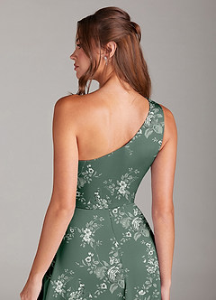 Azazie Brooke Robes de demoiselle d'honneur Robe Trapèze en Satin extensible Asymétrique Jardin Floral D'eucalyptus image3