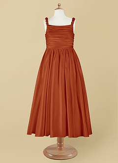 Azazie Cutie Pie Flower Girl Dresses Paprika A-Line Pleated Matte Satin Dress image7