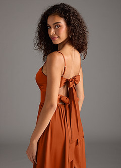 Azazie Zeya Vestidos de damas de honor Vestido de Naranja Quemada de Satén Elástico de Corte en A con Plisado image5