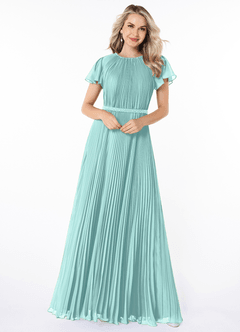 Azazie Kara Bescheidene Brautjungfernkleider A-Linie Plissee Chiffon Bodenlänge Kleid image10