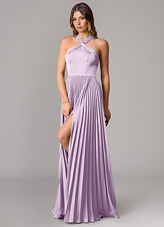 Azazie Afra Bridesmaid Dresses Frosted Lilac A-Line Pleated Stretch Satin Dress image4
