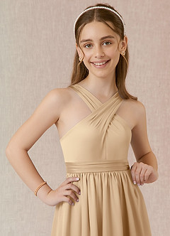 Azazie Jiya Junior Robe Trapèze en Satin extensible Plissée Champagne image4