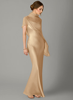 Azazie Jaleesa Jurken voor bruidsmeisjes Jurk van Stretch Satijn met A-Lijn Hoge Kraag Champagne image3