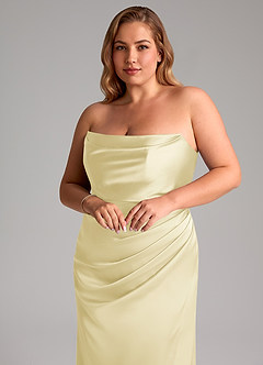 Azazie Leonis Jurken voor bruidsmeisjes Converteerbaar Jurk van Stretch Satijn met Zeemeermin Geplooid Citroensorbet image12