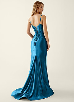 Indigo Blue Satin V-neck Sequins Mermaid Prom Dress image2