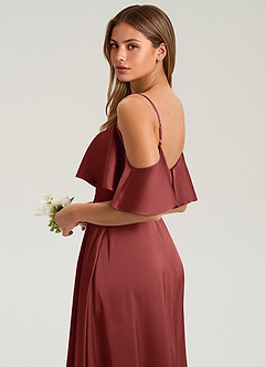 Azazie Jean Jurken voor bruidsmeisjes Jurk van Stretch Satijn met A-lijn Off-shoulder Terracotta image7