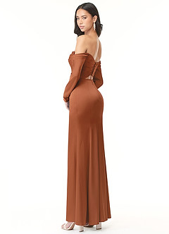 Azazie Hallie Vestidos de damas de honor Vestido de Cobre de Satén Elástico de Corte Recto Convertible con Manga larga con hombros descubiertos image6