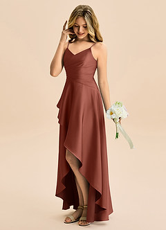 Azazie Eirlys Junior A-Linie Plissee Stretch-Satin Kleid Rotbraun image3