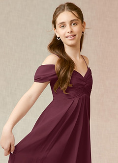 Azazie Kaitlynn Junior Cabernet A-Line Off the Shoulder Chiffon Dress image6