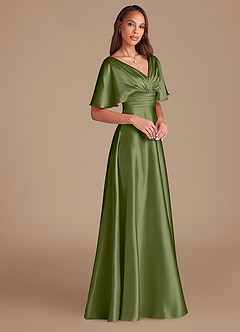 Azazie Pamela Brautjungfernkleider A-Linie Plissee Metallischer Satin Kleid Olivgrün image3