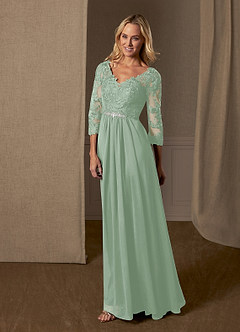 Azazie Hayek At-home Try On Dresses Agave A-Line V-Neck Lace Chiffon Dress image3