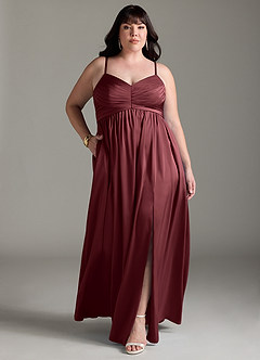 Azazie Alia Bridesmaid Dresses Merlot A-Line Pleated Stretch Satin Dress image10