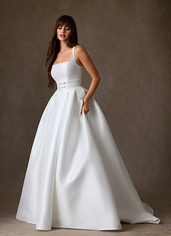 Azazie Cynthia Wedding Dresses Diamond White Ball-Gown with Pockets Stretch Mikado Dress image7