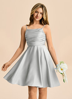 Azazie Miko Junior Silver A-Line Pleated Stretch Satin Dress image1