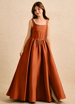 Azazie Enid Girls Formal Blomsterpigekjoler A-Line Perlebesat Stræk satin Gulv-længde Kjole image1