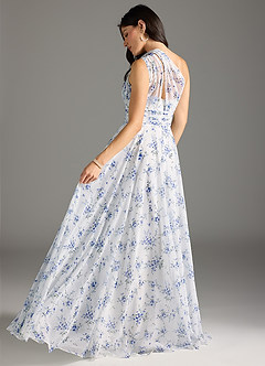 Azazie Charlize Jurken voor bruidsmeisjes Jurk van Chiffon met A-Lijn One-Shoulder Blauw Huisje Bloemen image5
