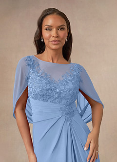 Azazie Hera At-home Try On Dresses Steel Blue A-Line Lace Capelet Chiffon Dress image5