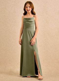 Azazie Chamomile Girls Formal Blumenmädchenkleider A-Linie Plissee Stretch-Satin Kleid Pistazie image4